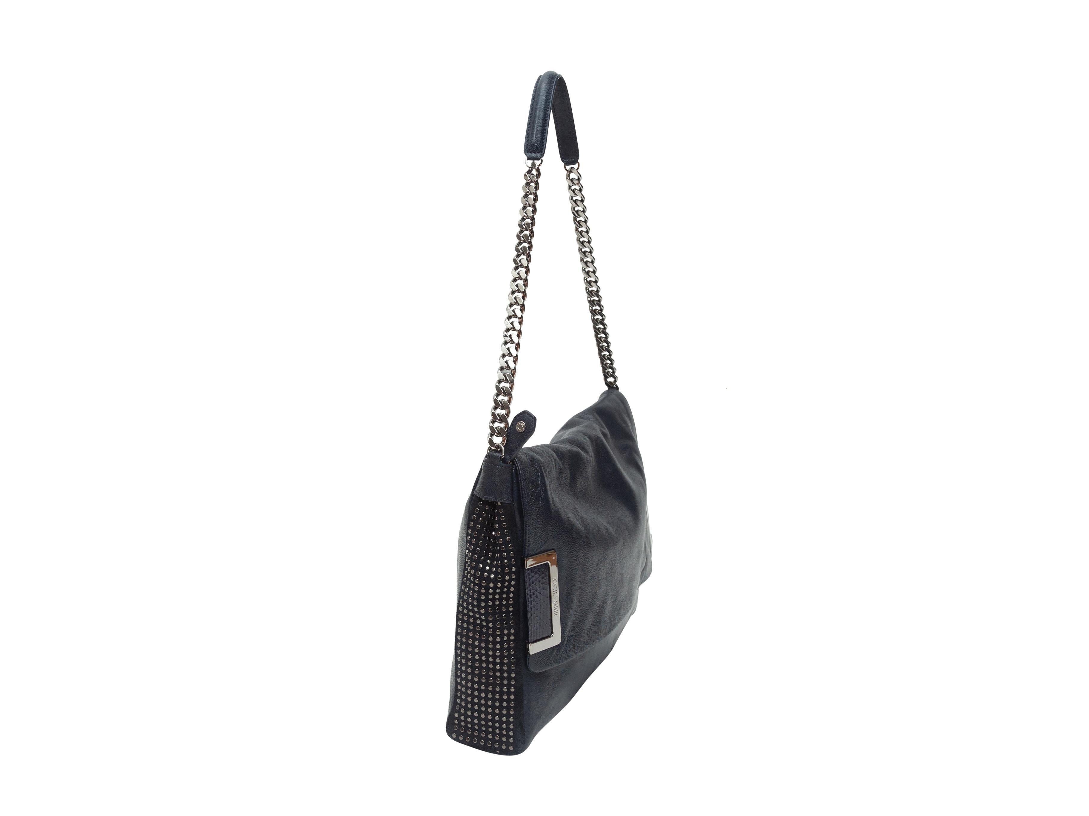 Product details: Navy leather shoulder bag by Jimmy Choo. Silver-tone hardware. Interior zip pocket. Leather and chain-link shoulder strap. Stud detailing at sides. 12.5
