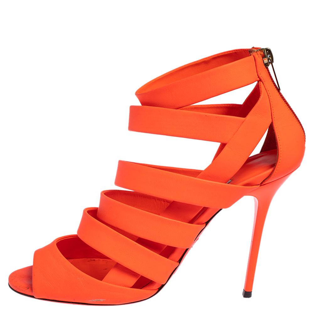 Red Jimmy Choo Neon Orange Caged Leather 'Dame' Sandals Size 38.5