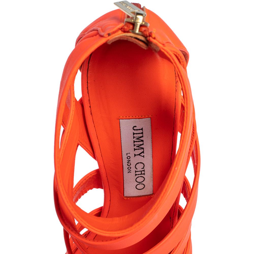 Jimmy Choo Neon Orange Caged Leather 'Dame' Sandals Size 38.5 In Good Condition In Dubai, Al Qouz 2