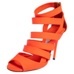 Jimmy Choo Neon Orange Caged Leather 'Dame' Sandals Size 38.5