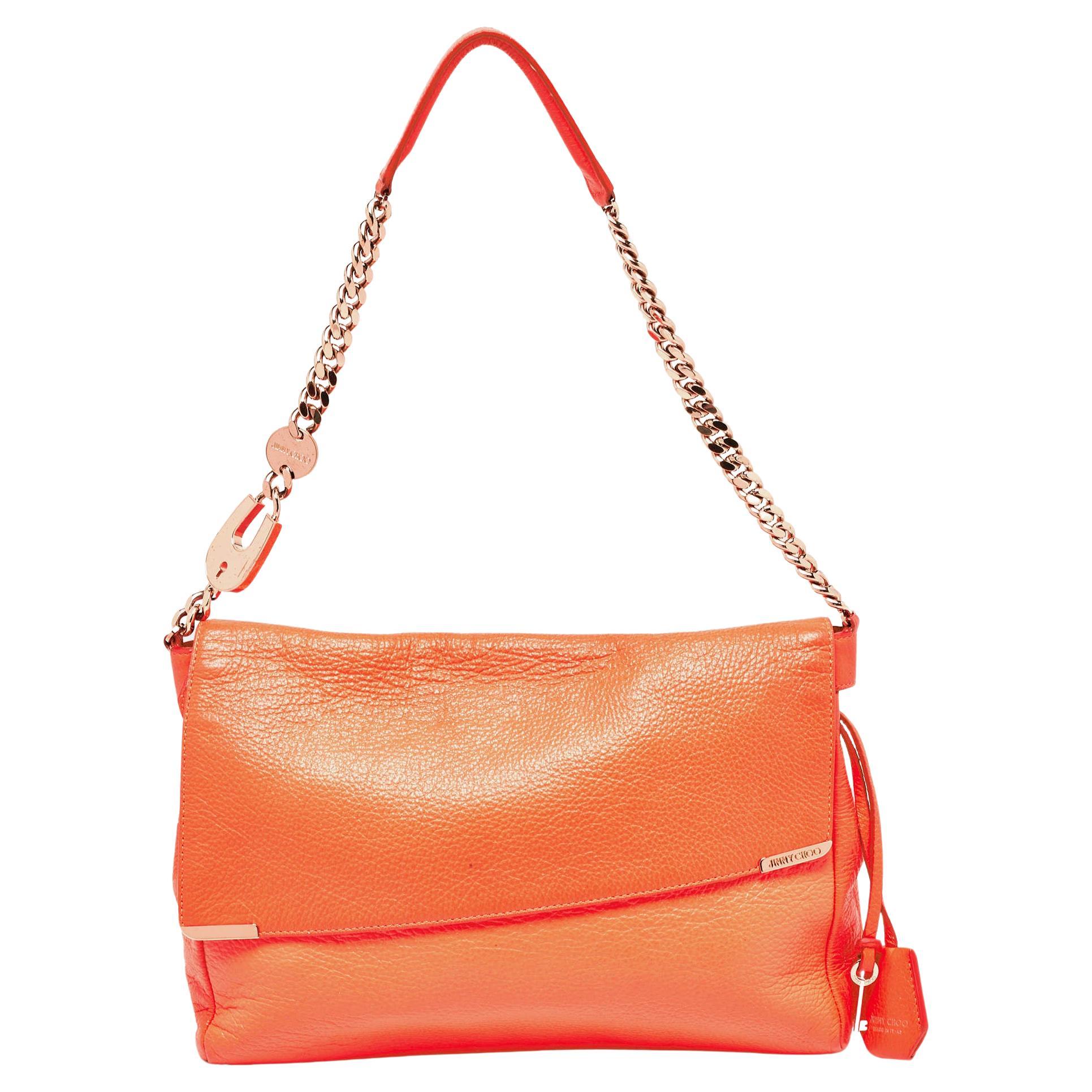 Jimmy Choo Neon Orange Leather Flap Shoulder Bag For Sale