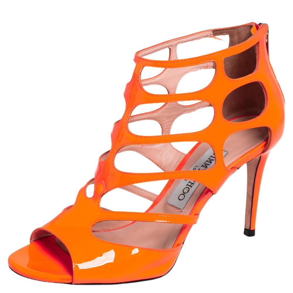 Jimmy Choo Orange Patent Leather Peep Toe Platform Pumps Size 38 For