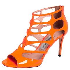 Jimmy Choo Neon Orange Patent Leather Cutout Sandals Size 37.5