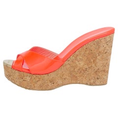 Jimmy Choo Neon Orange Patent Leather Prima Cork Wedge Sandals Size 37.5