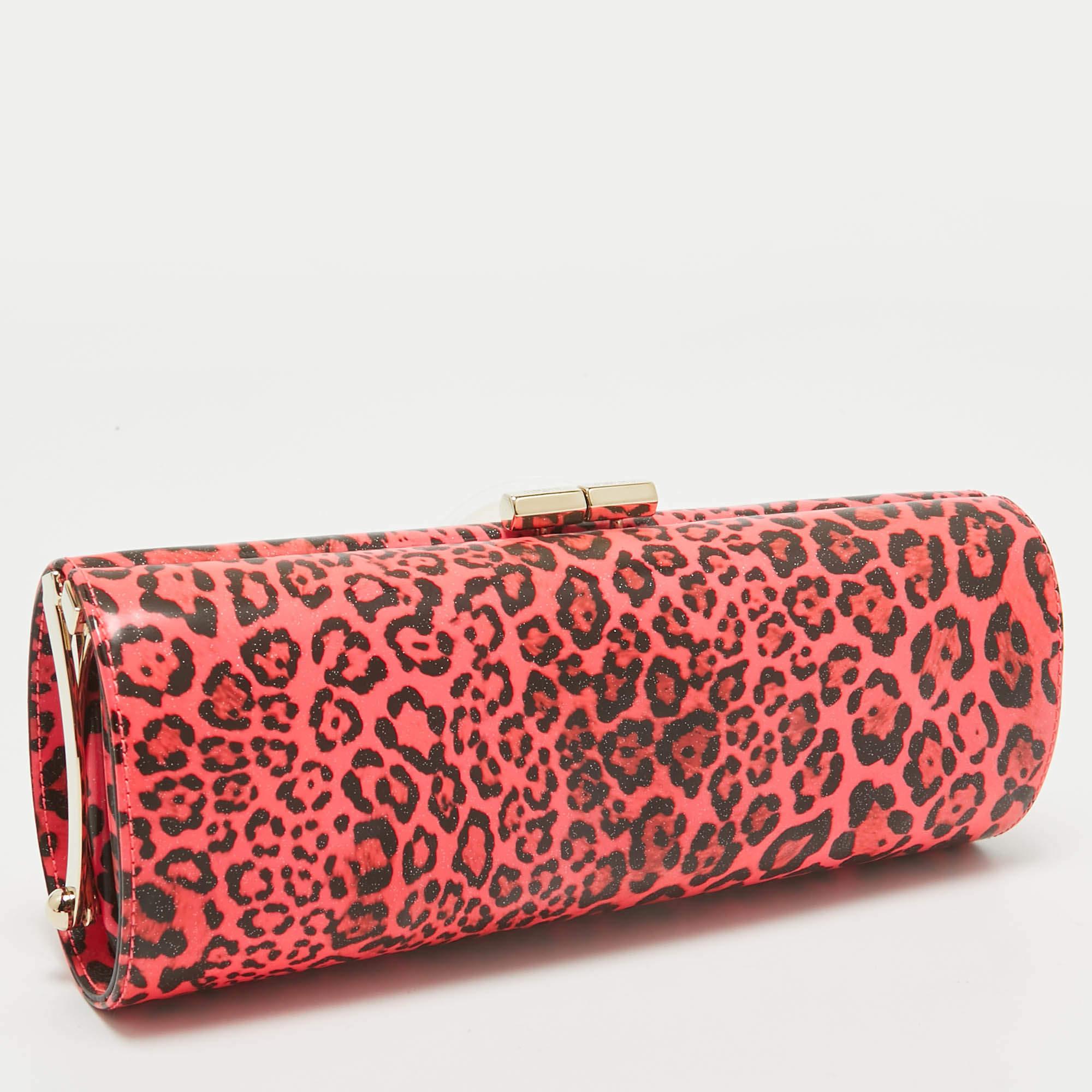 Jimmy Choo Neon Pink/Black Leopard Print Vinyl Twill Tube Clutch In Excellent Condition In Dubai, Al Qouz 2