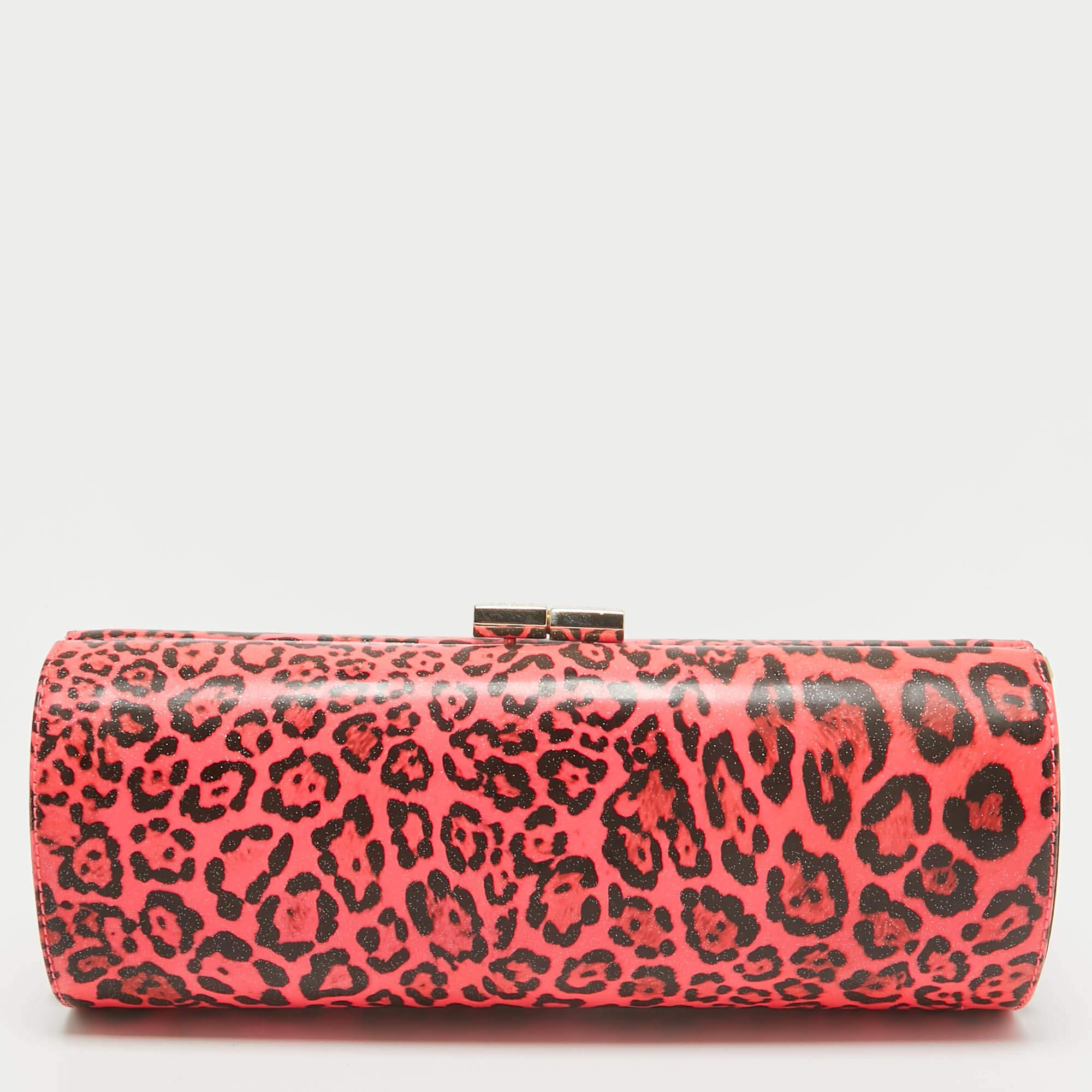 Women's Jimmy Choo Neon Pink/Black Leopard Print Vinyl Twill Tube Clutch