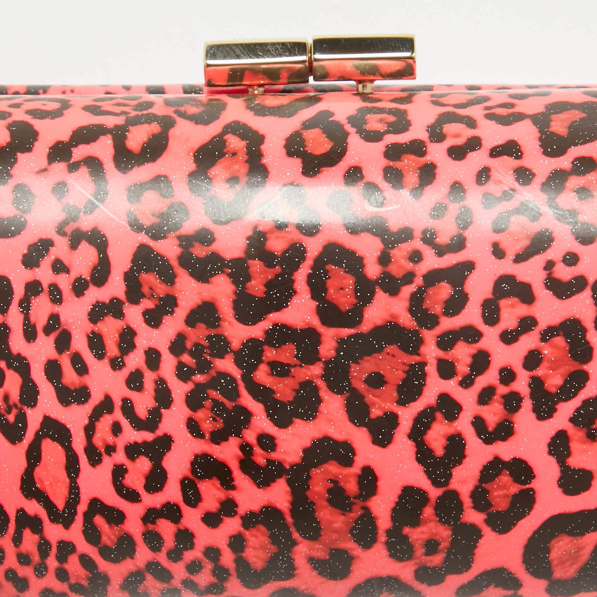 Jimmy Choo Neon Pink/Black Leopard Print Vinyl Twill Tube Clutch 1