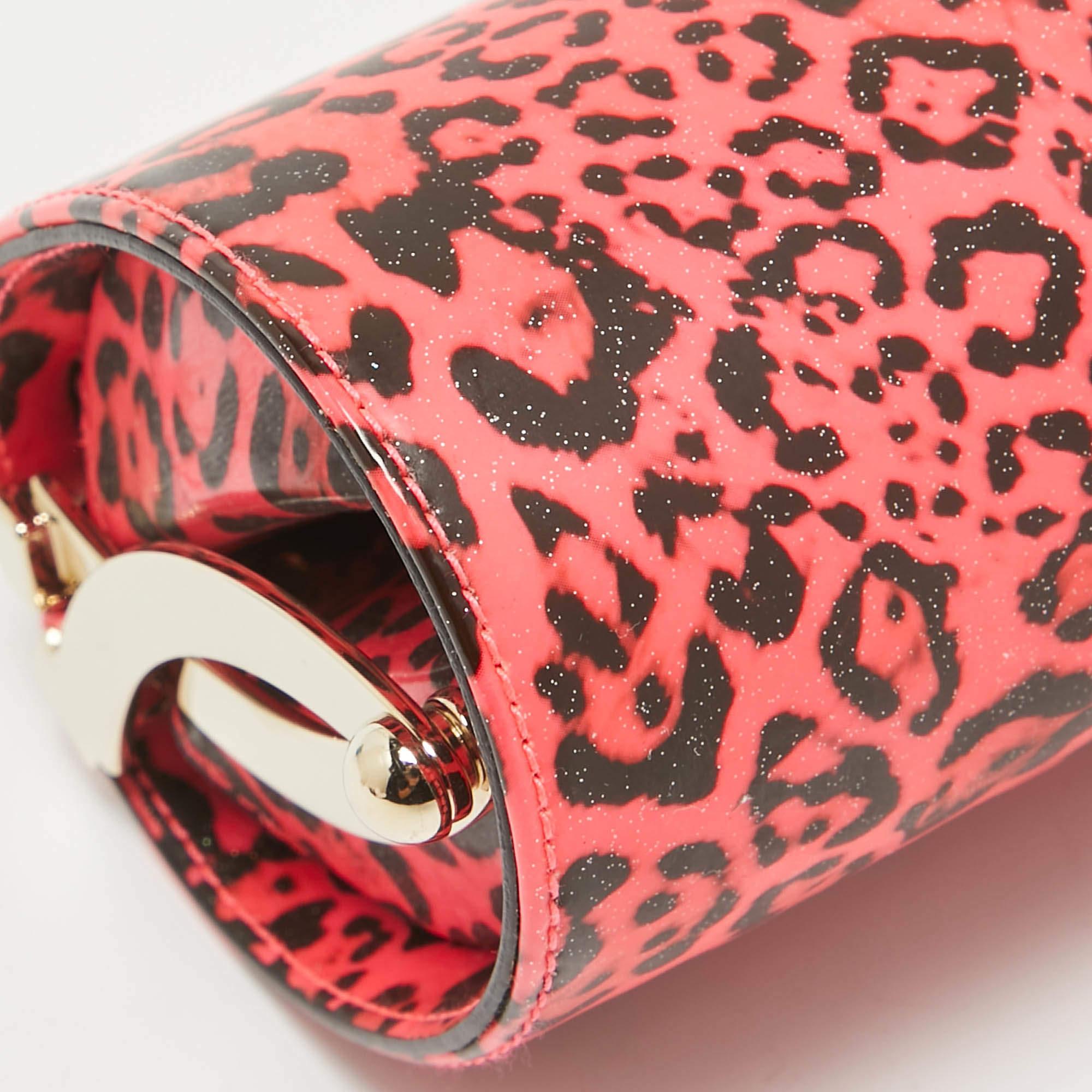 Jimmy Choo Neon Pink/Black Leopard Print Vinyl Twill Tube Clutch 5