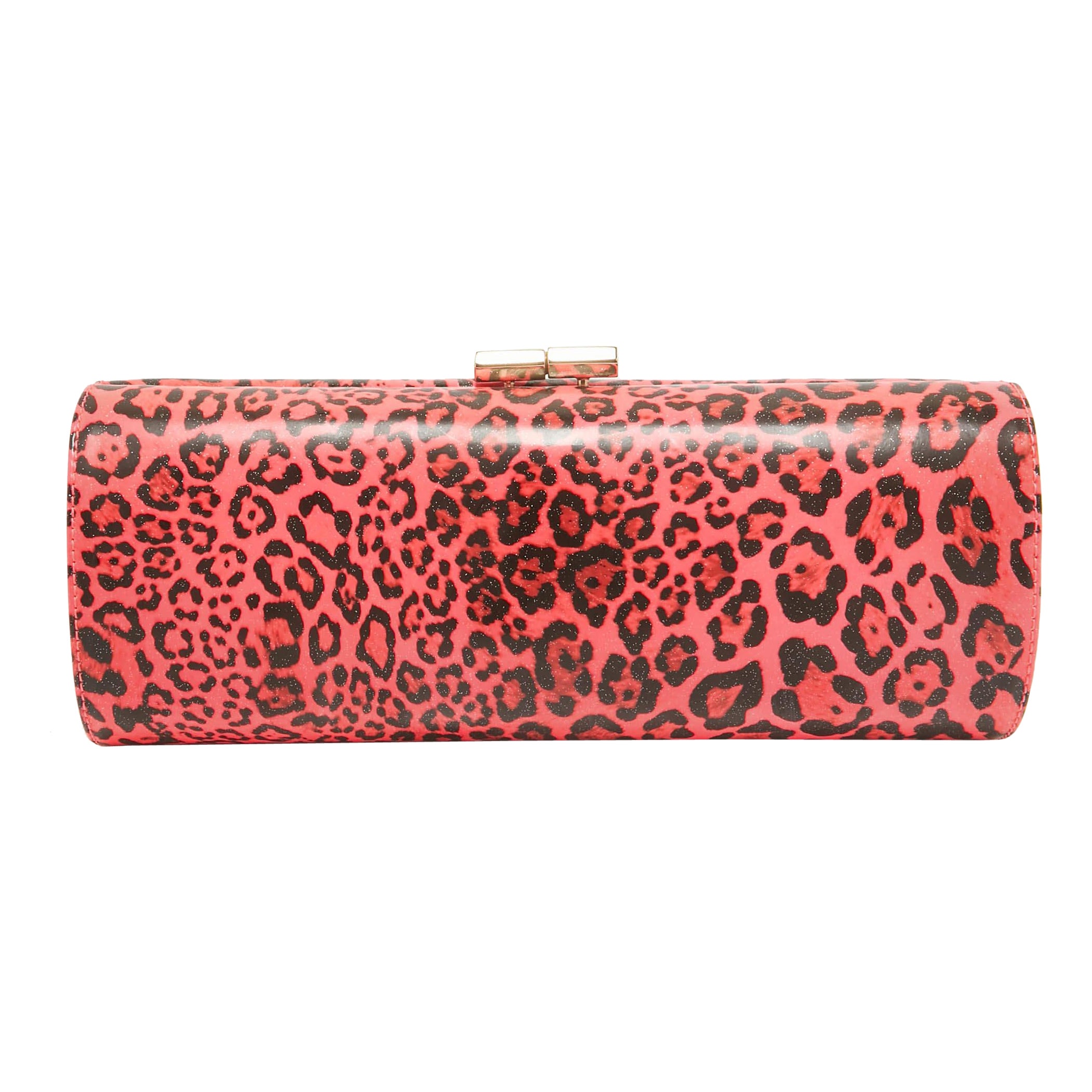 Jimmy Choo Neon Pink/Black Leopard Print Vinyl Twill Tube Clutch