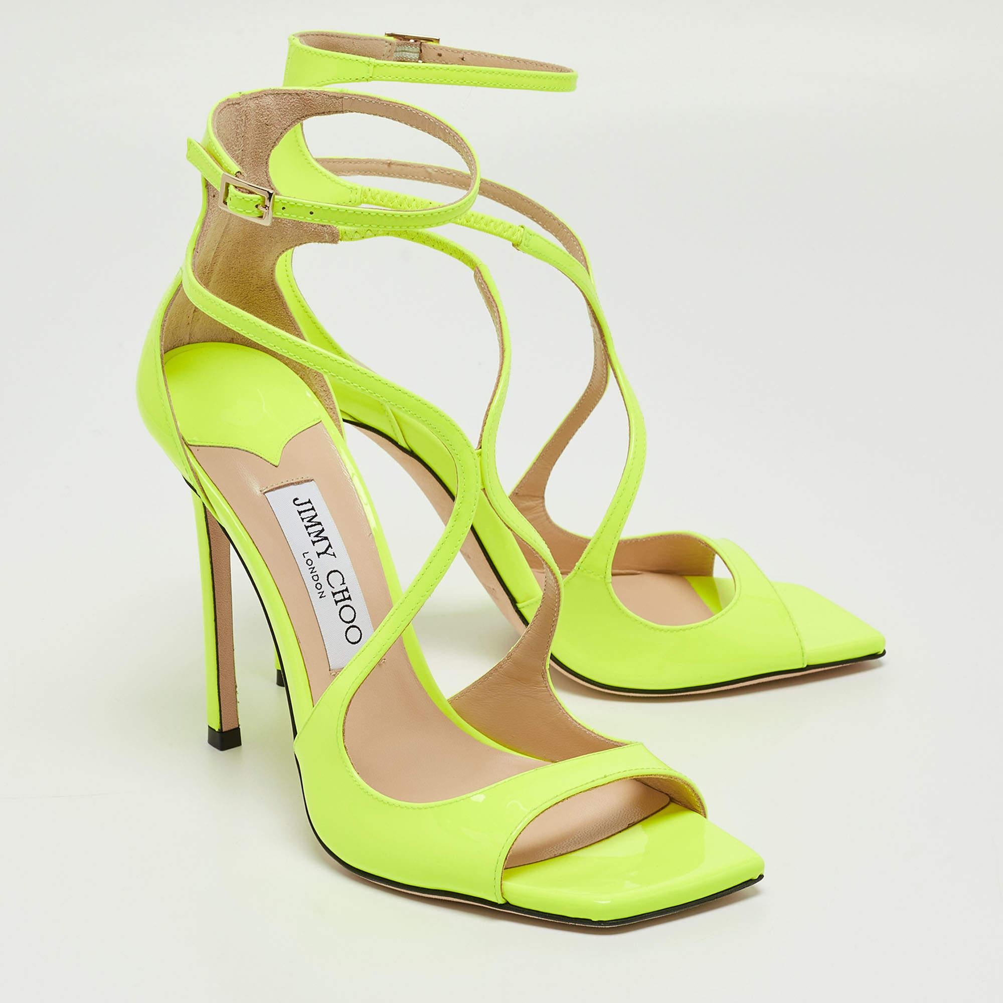 Women's Jimmy Choo Neon Yellow Patent Leather Azia Ankle Strap Sandals Size 38