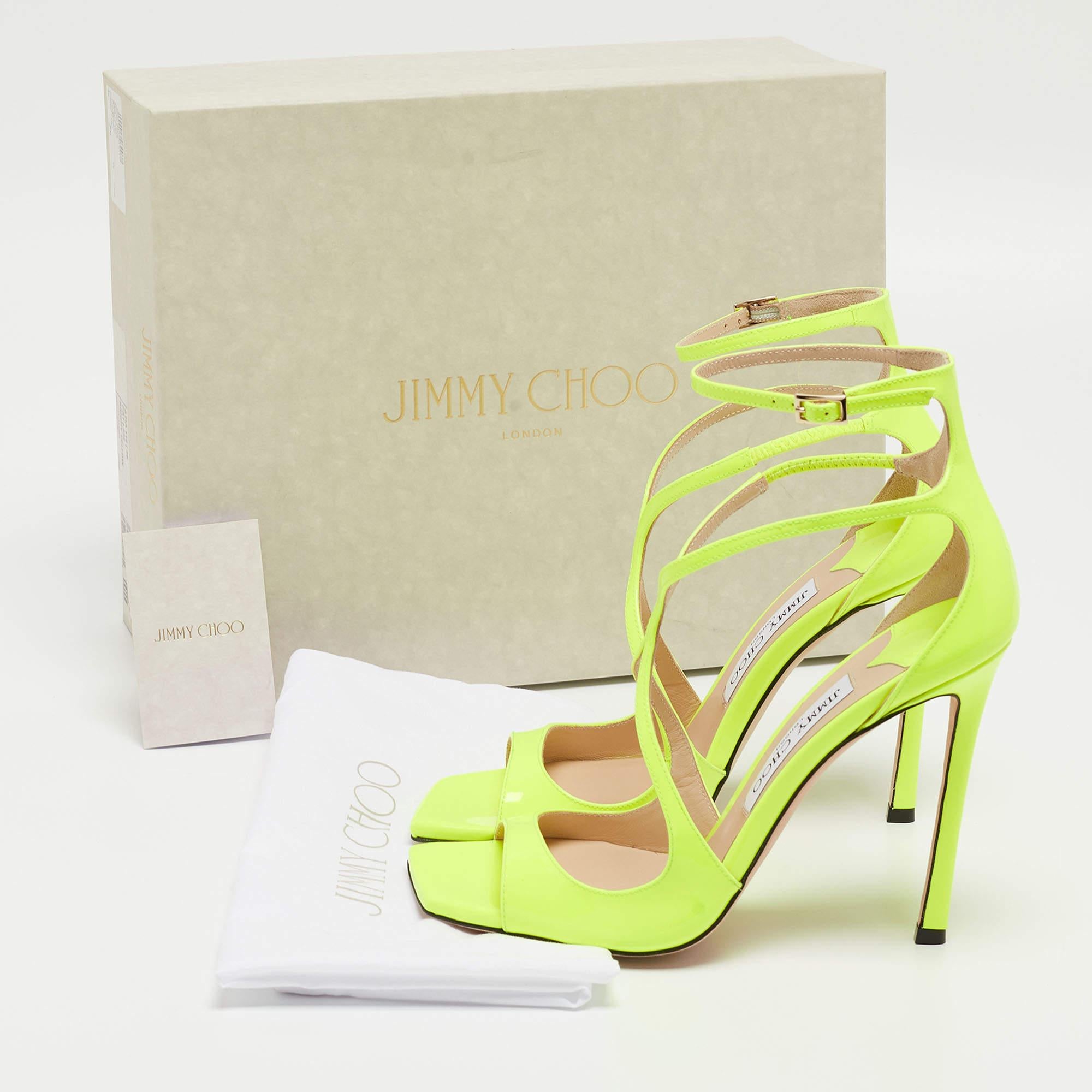 Jimmy Choo Neon Yellow Patent Leather Azia Ankle Strap Sandals Size 38 5
