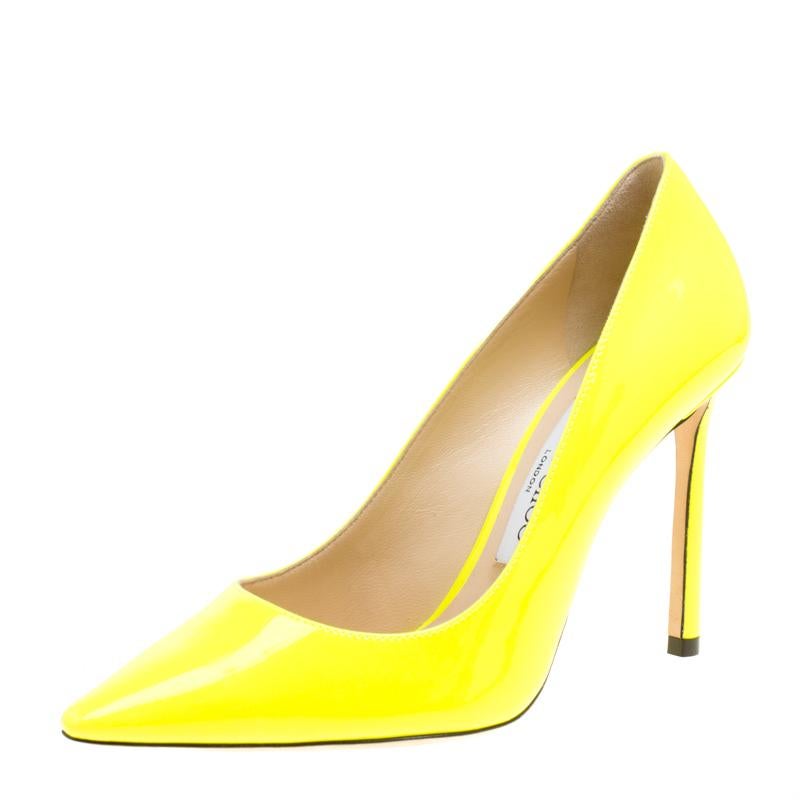 Jimmy Choo Neon Yellow Patent Leather Romy Pointed Toe Pumps Size 36