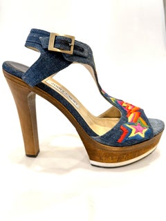 Jimmy Choo Nixon Embroidered Denim Platform Mules  Size 39