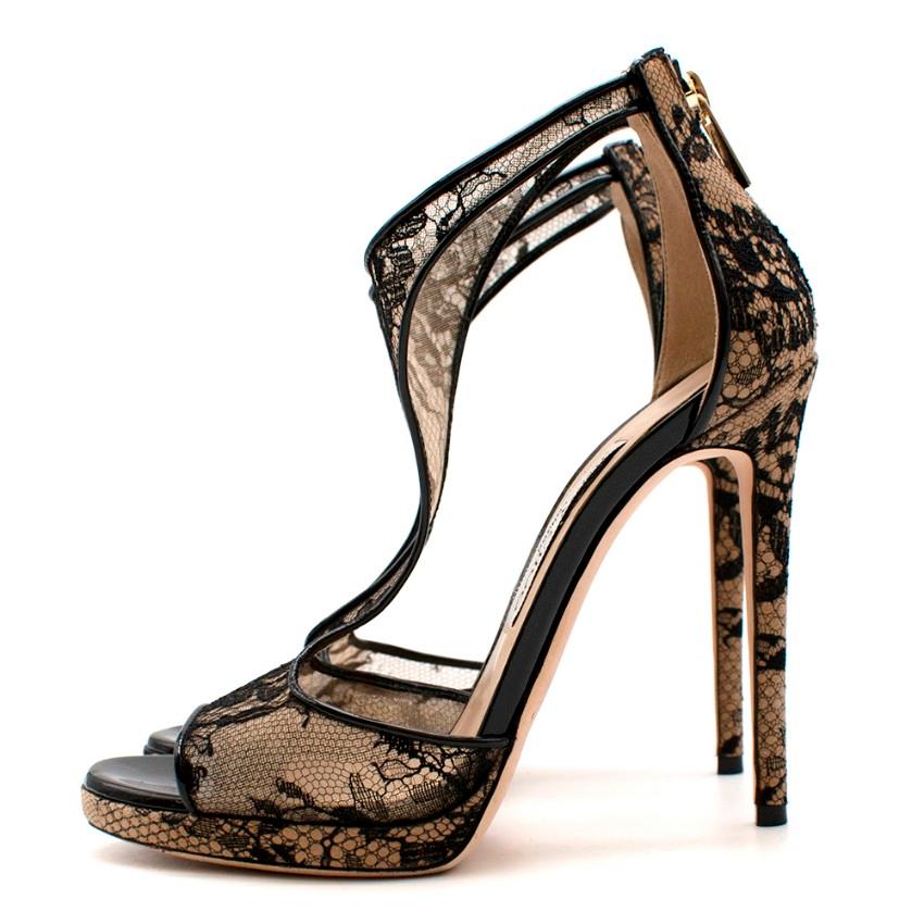 Jimmy Choo Sandalias recortadas de encaje desnudo/negro - Talla 37 en Excelente Estado en London, GB