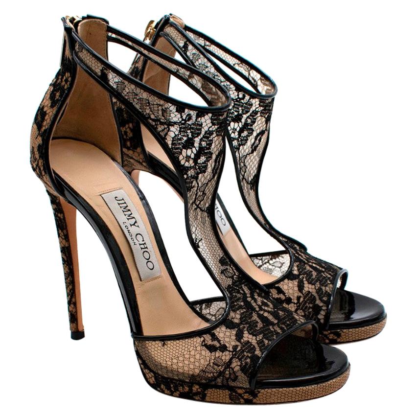 Jimmy Choo Nude/Black Lace Cut-Out Sandals - Size 37