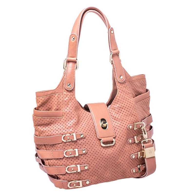Women's Jimmy Choo Nude Pink Perforated Leather Bardia Buckle Shoulder Bag For Sale