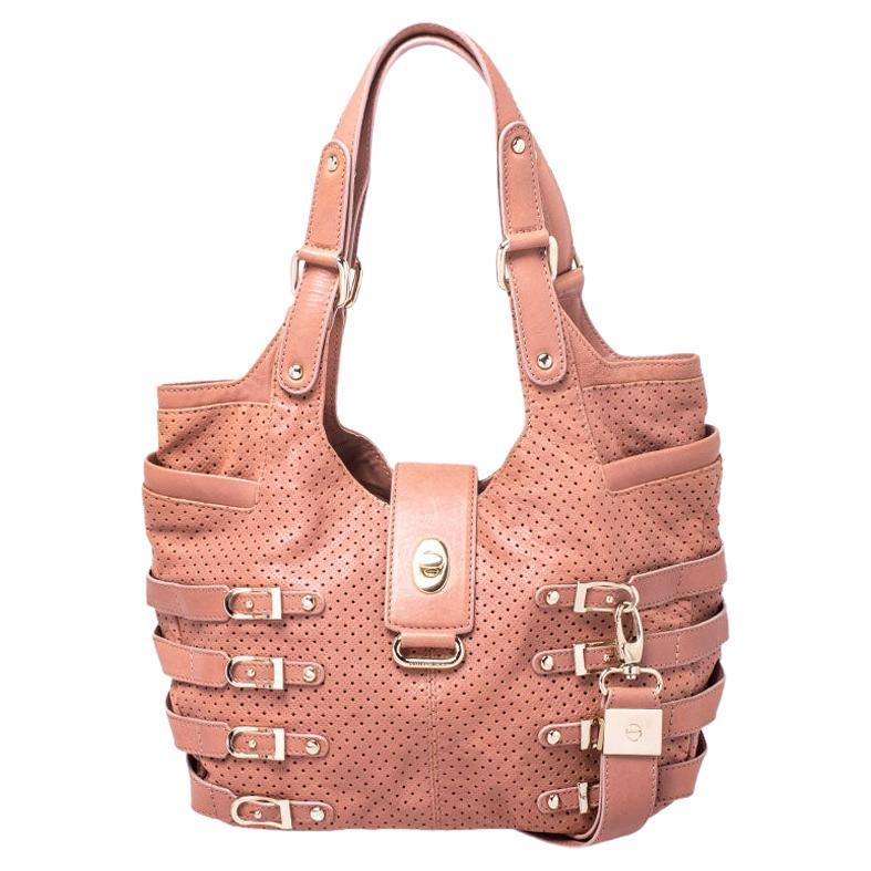 Jimmy Choo Nude Pink Perforated Leather Bardia Buckle Shoulder Bag For Sale