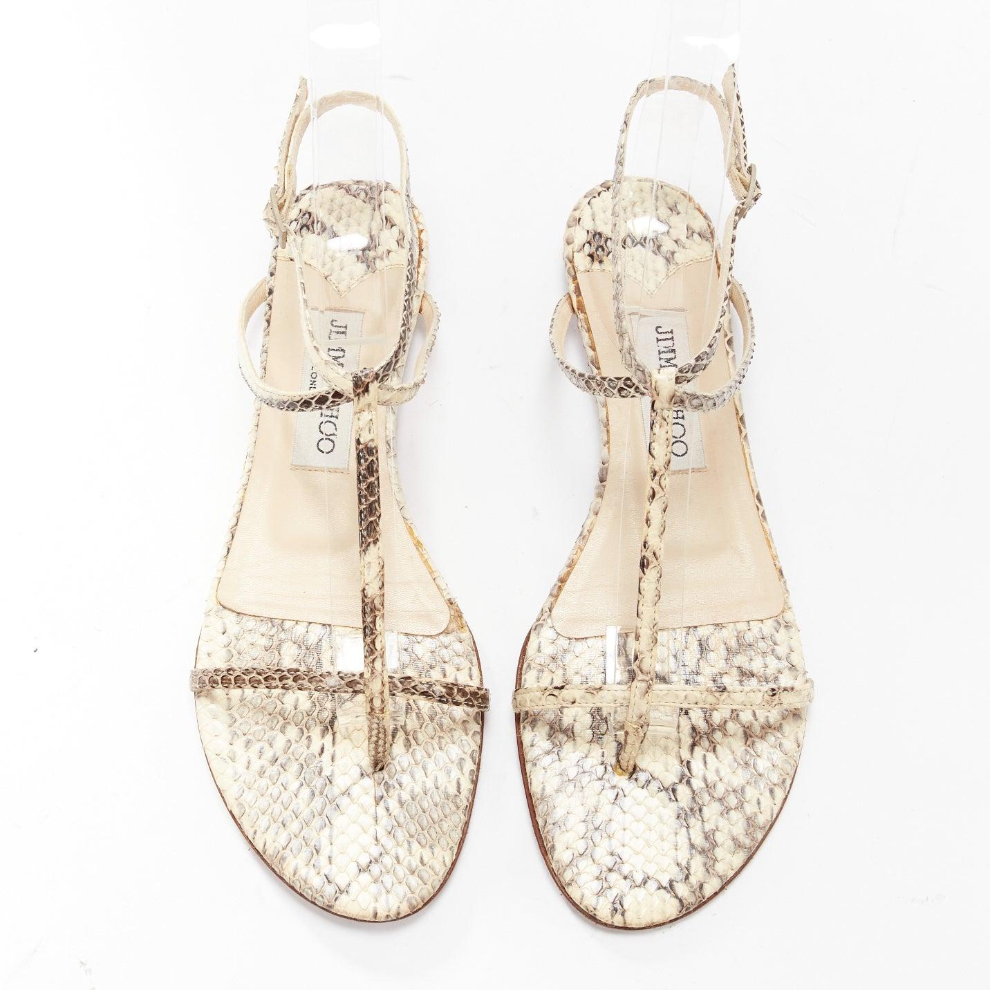 Beige JIMMY CHOO nude scaled leather strappy thong flat sandals EU37