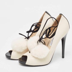 Jimmy Choo Off White Leather Pom Pom Ankle Tie Peep Toe Pumps Size 37.5