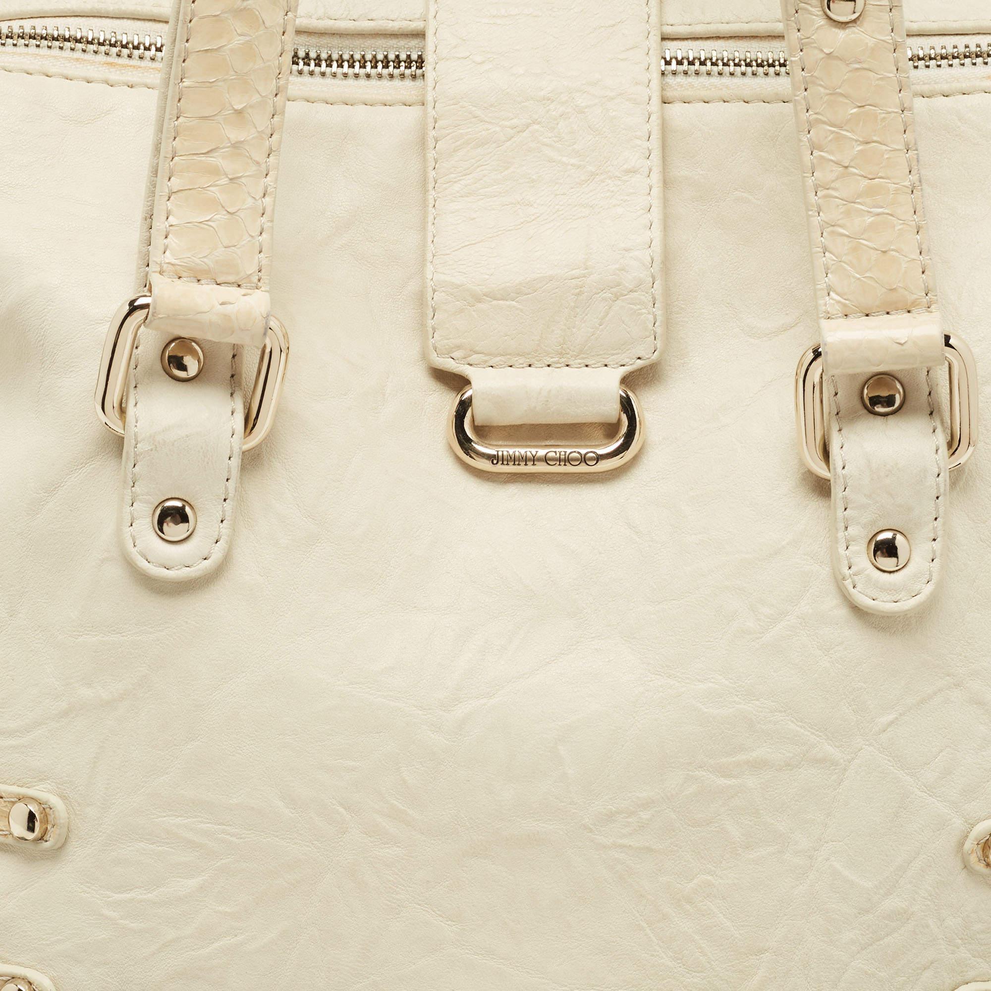 Jimmy Choo Off White/Light Beige Distressed Leather and Snakeskin Trims Bree Sat For Sale 6