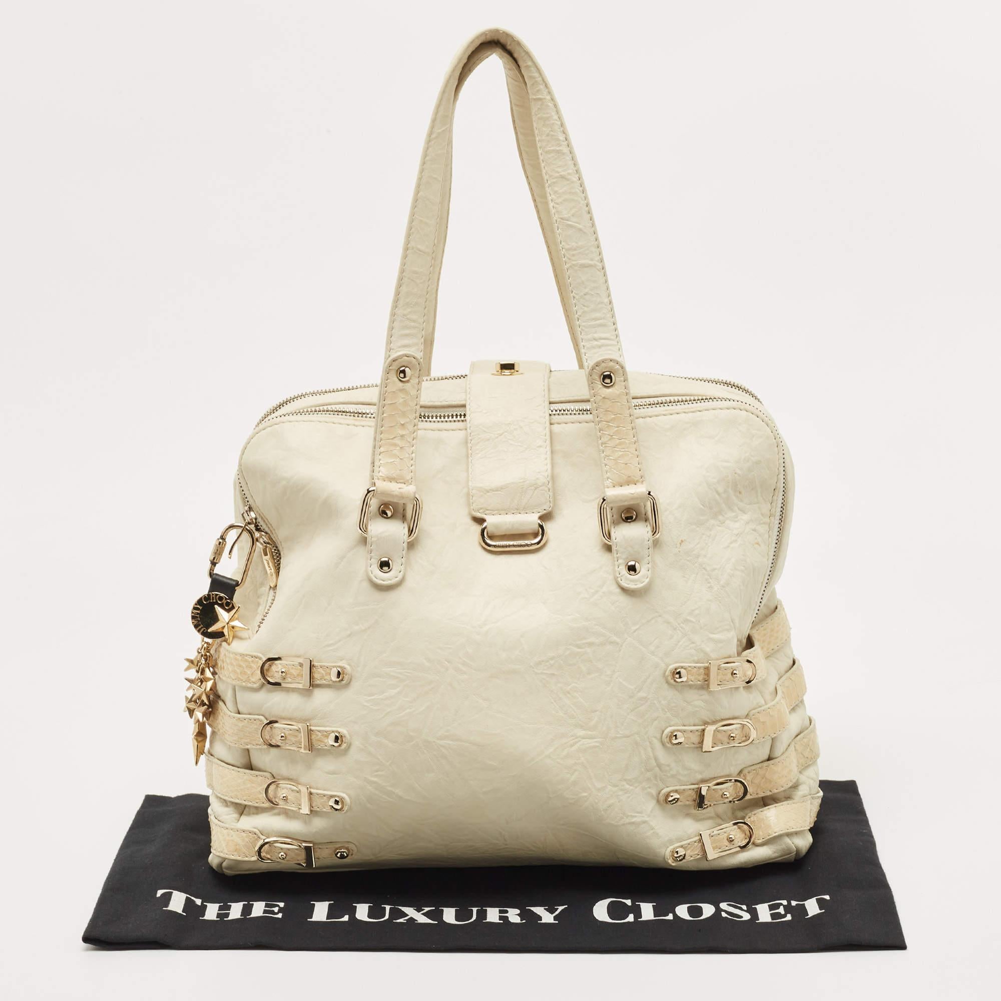 Jimmy Choo Off White/Light Beige Distressed Leather and Snakeskin Trims Bree Sat For Sale 13