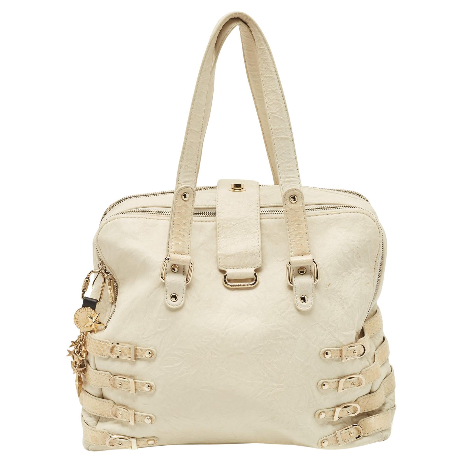Jimmy Choo Off White/Light Beige Distressed Leather and Snakeskin Trims Bree Sat For Sale