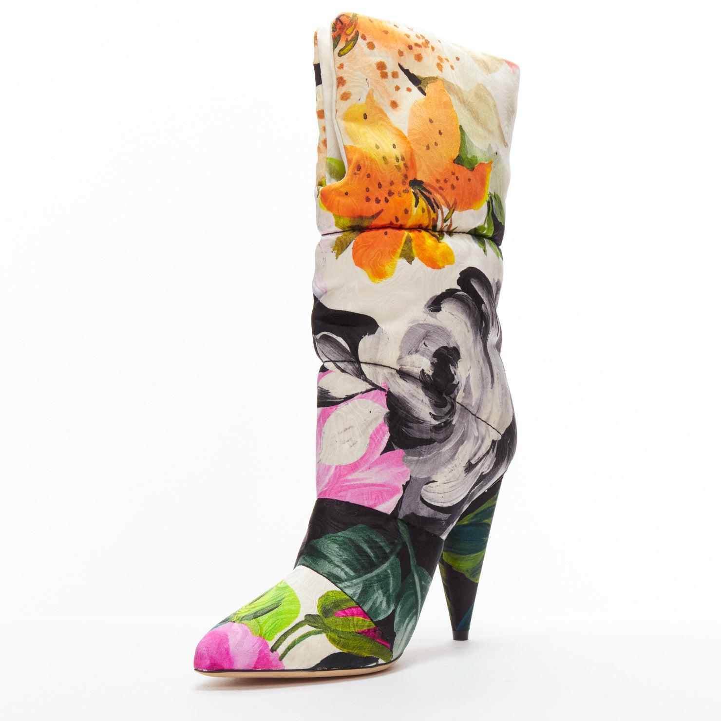 Black JIMMY CHOO Off-White Sara 100 floral brocade padded boots EU38.5 For Sale