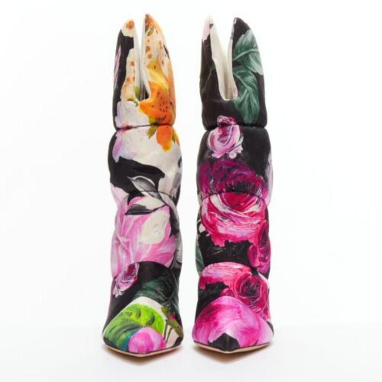Black JIMMY CHOO Off-White Sara 100 floral brocade padded boots EU38.5 For Sale