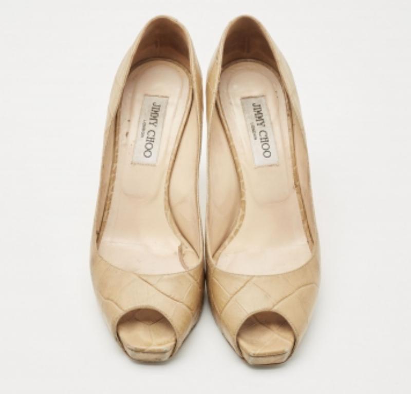 Jimmy Choo Olivgrün Krokodilgeprägte Leder Peep Toe Pumps Größe 39 Damen im Angebot