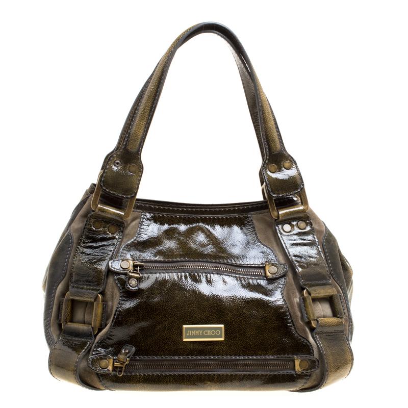 Jimmy Choo Olive Green Patent Leather Mahala Tote For Sale at 1stDibs