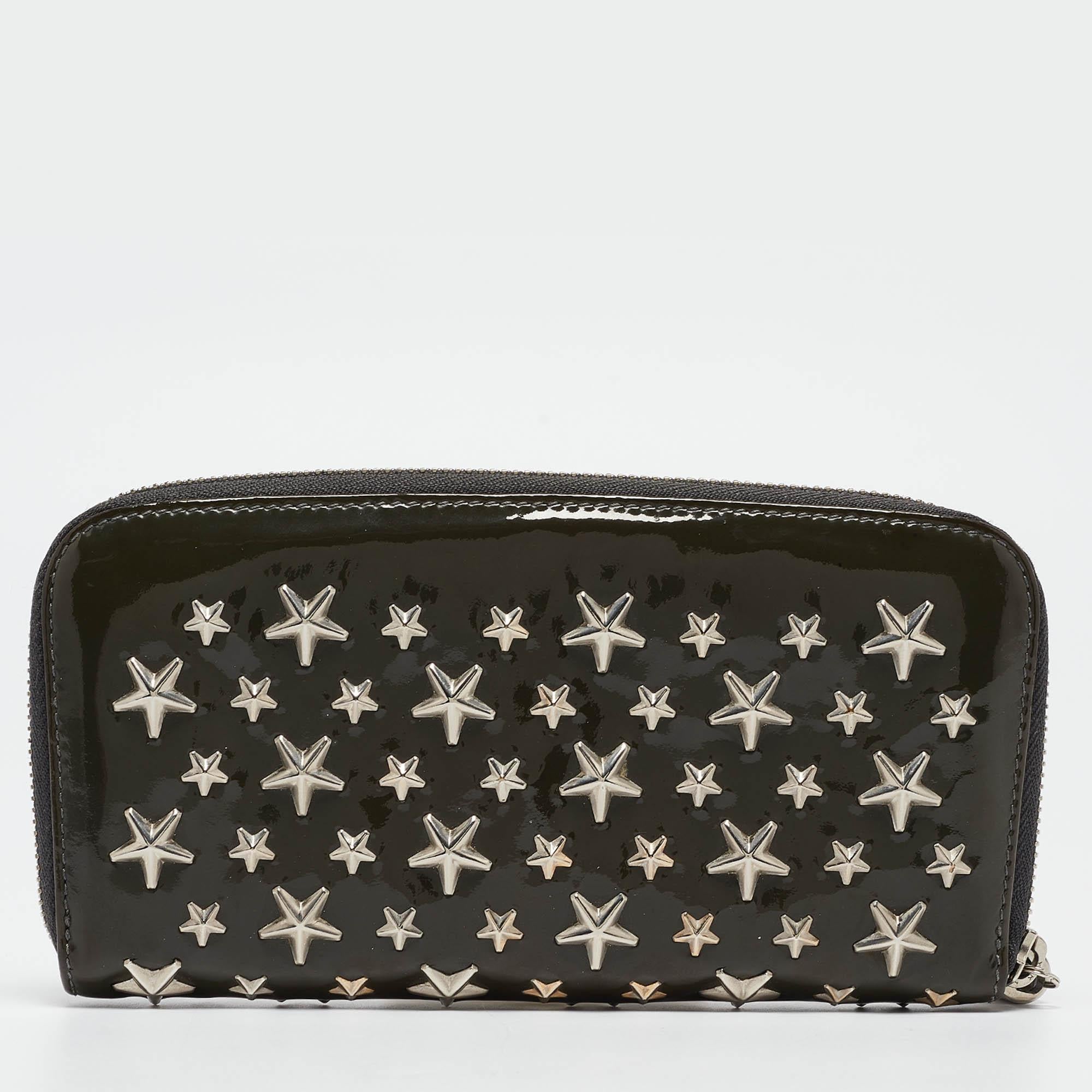 Women's Jimmy Choo Olive Green Patent Leather Star Studded Zip Around Wallet For Sale