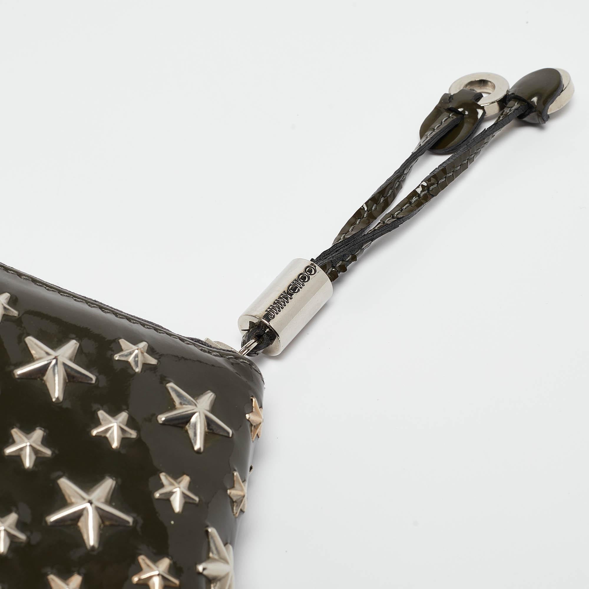 Jimmy Choo Olive Green Patent Leather Star Studded Zip Around Wallet For Sale 2
