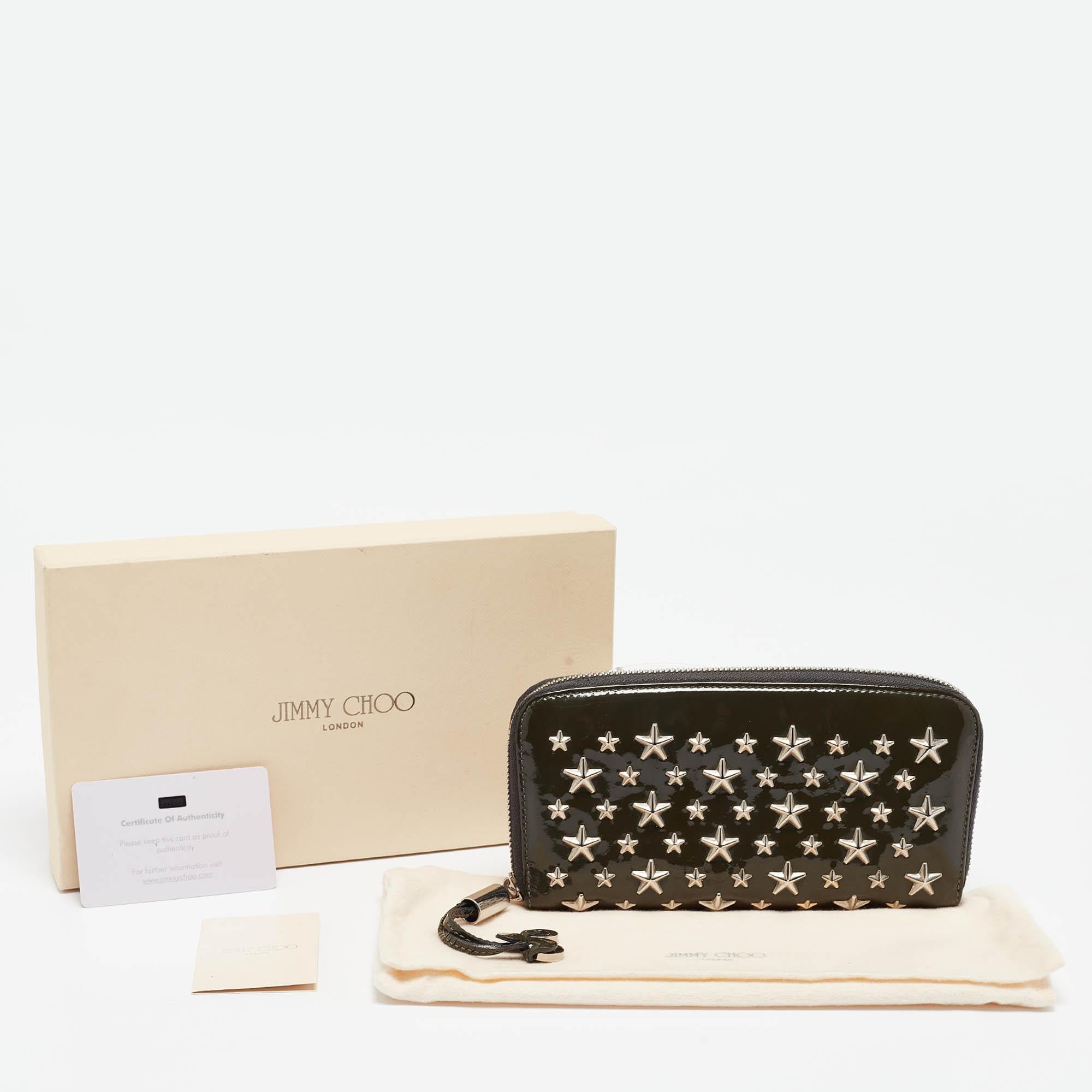 Jimmy Choo Olive Green Patent Leather Star Studded Zip Around Wallet For Sale 3