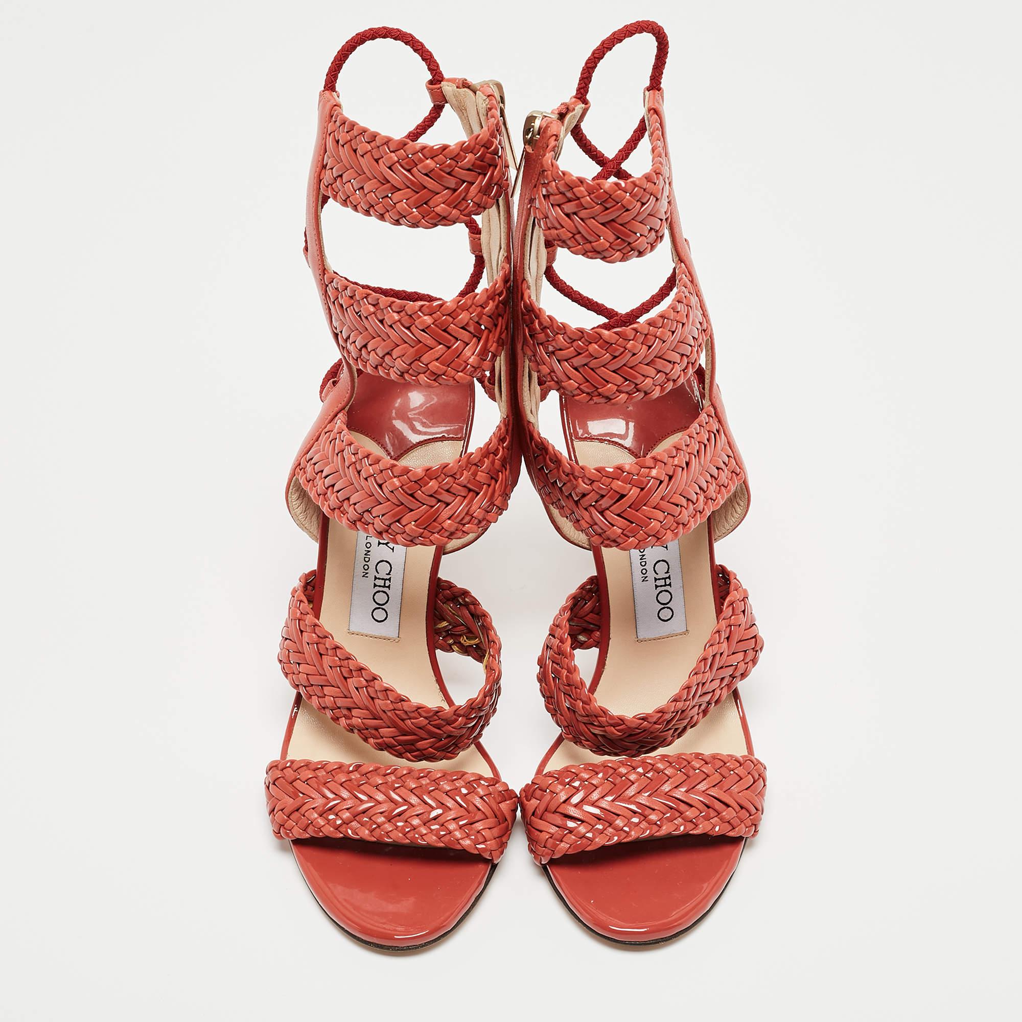 Jimmy Choo Orange Braided Leather and Suede Lima Gladiator Sandals Size 36 In Good Condition For Sale In Dubai, Al Qouz 2