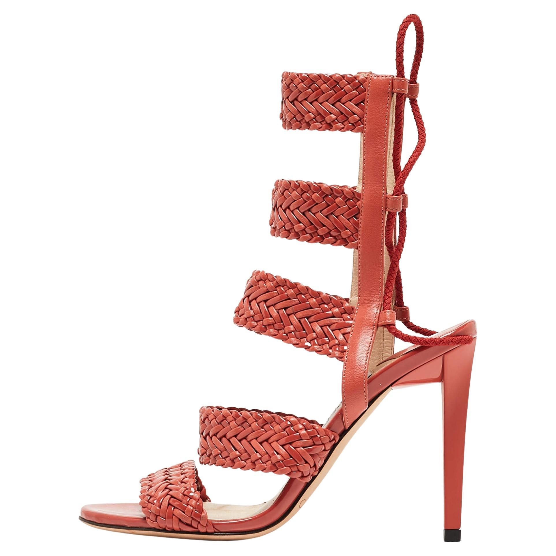 Jimmy Choo Orange Braided Leather and Suede Lima Gladiator Sandals Size 36 For Sale