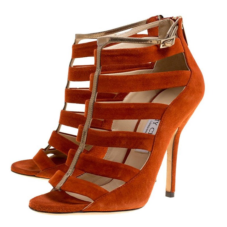 Jimmy Choo Orange/Bronze and Fathom Strappy Cage Sandal Booties Size 36 ...
