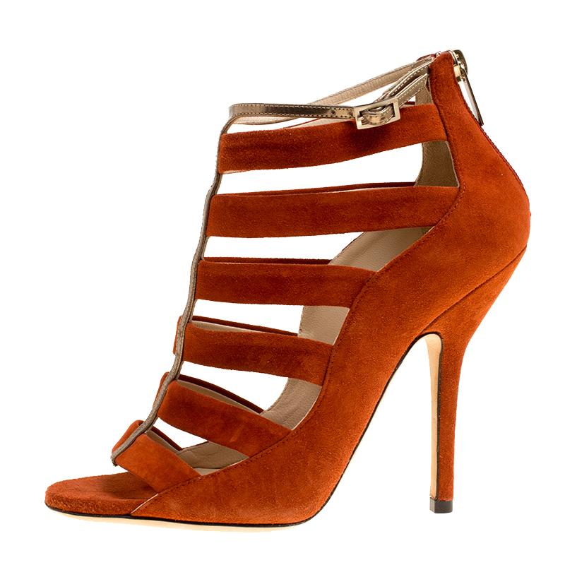 Jimmy Choo Orange/Bronze Suede and Leather Fathom Strappy Cage Sandal Booties Si 1