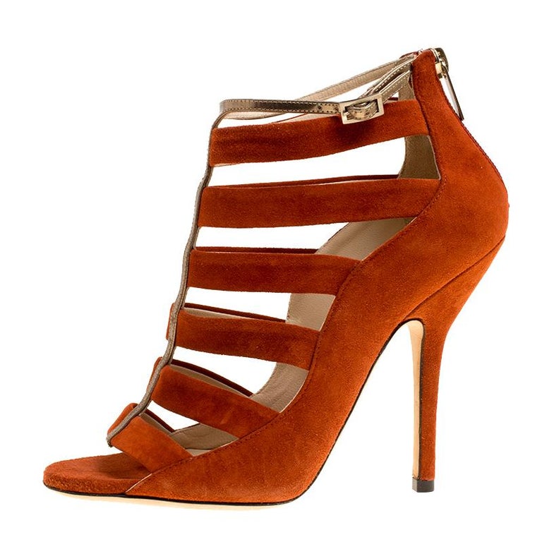 Jimmy Choo Orange/Bronze Suede and Leather Fathom Strappy Cage Sandal ...