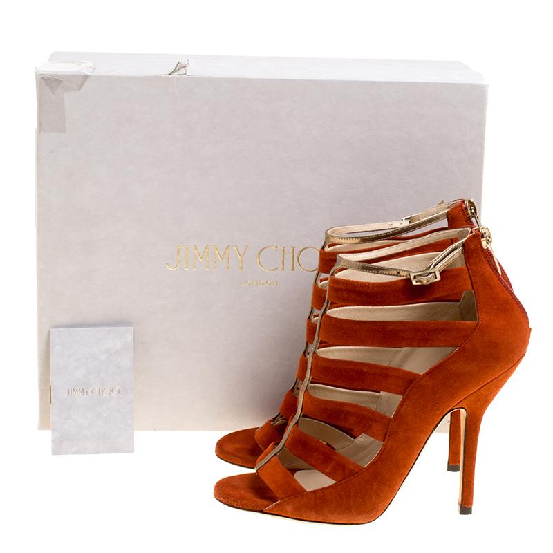 Jimmy Choo Orange/Bronze Suede and Leather Fathom Strappy Cage Sandal Booties Si 3