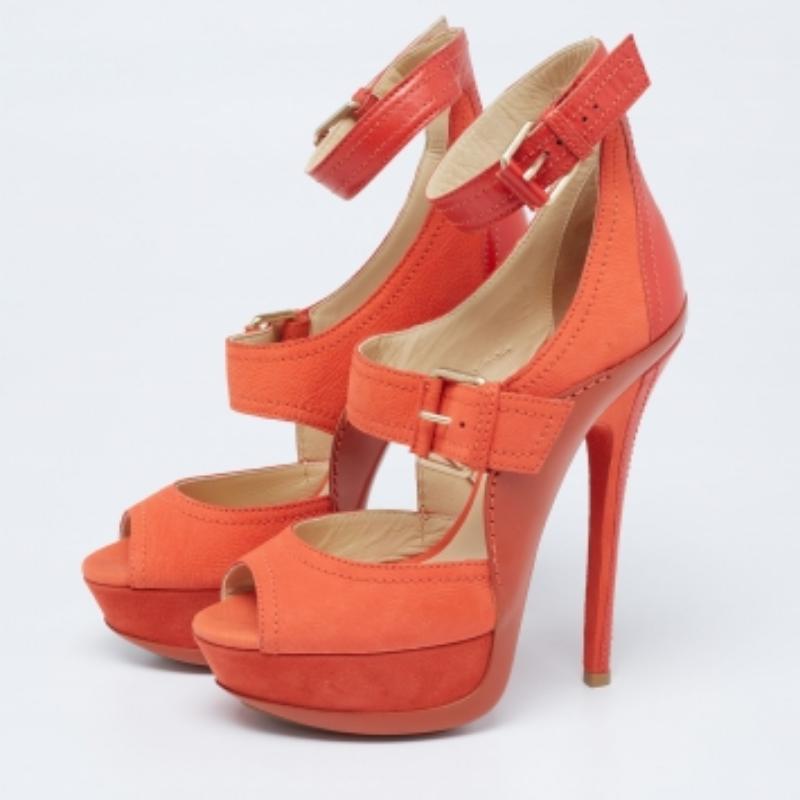 Jimmy Choo Orange Leather And Nubuck Platform Peep Toe Sandals Size 38 In Good Condition For Sale In Dubai, Al Qouz 2