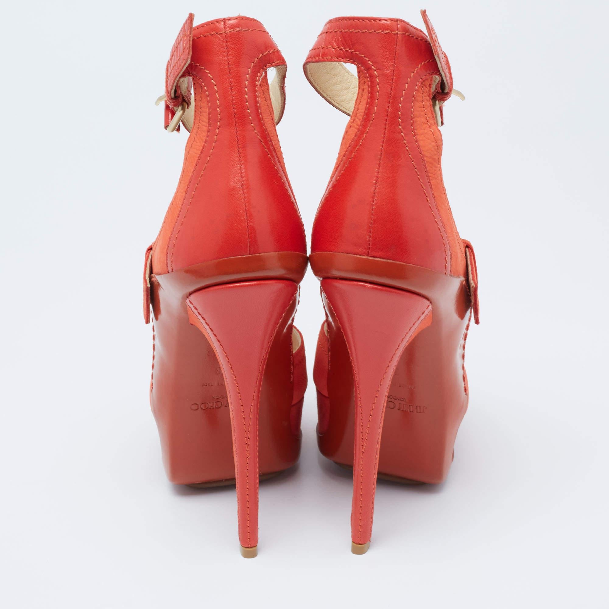 Jimmy Choo Orange Leather And Nubuck Platform Peep Toe Sandals Size 38 In Good Condition In Dubai, Al Qouz 2