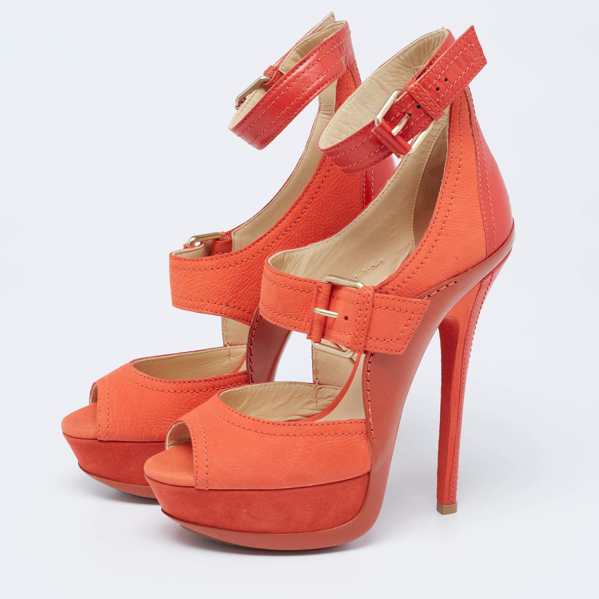 Women's Jimmy Choo Orange Leather And Nubuck Platform Peep Toe Sandals Size 38