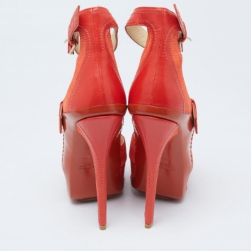 Jimmy Choo Orange Leather And Nubuck Platform Peep Toe Sandals Size 38 For Sale 3