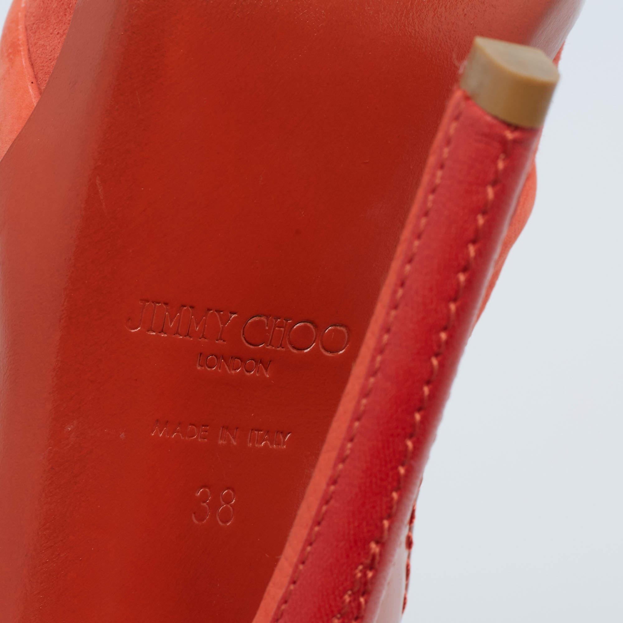 Jimmy Choo - Sandales à bout ouvert à plateforme en cuir orange et nubuck, taille 38 en vente 2