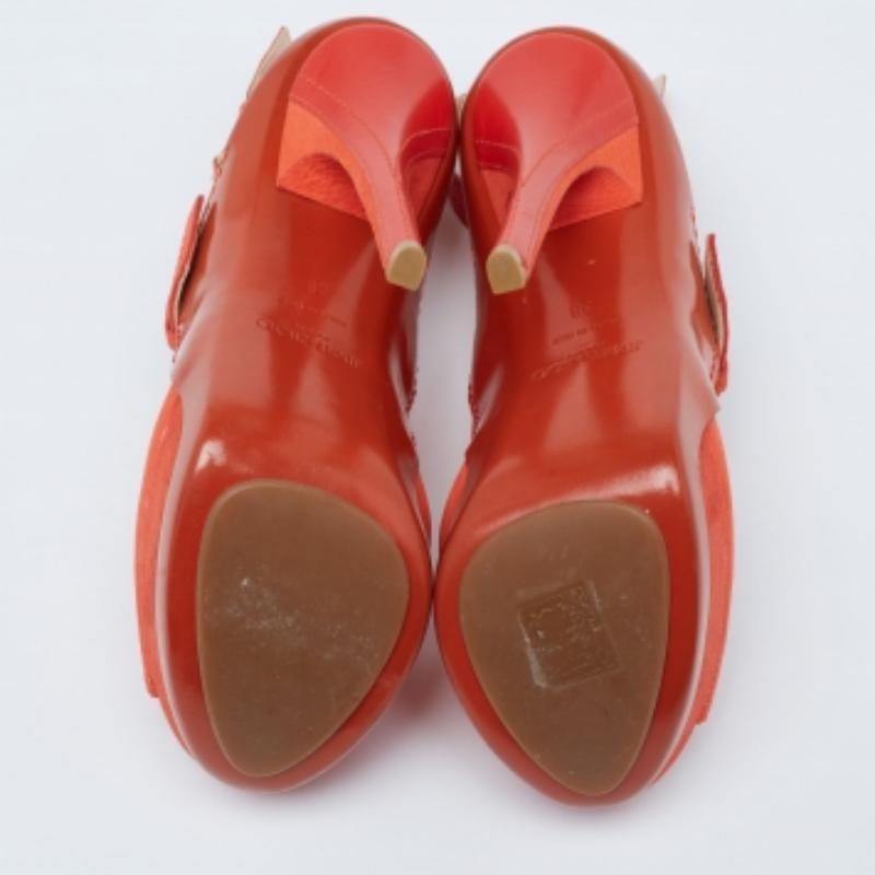 Jimmy Choo Orange Leather And Nubuck Platform Peep Toe Sandals Size 38 For Sale 4