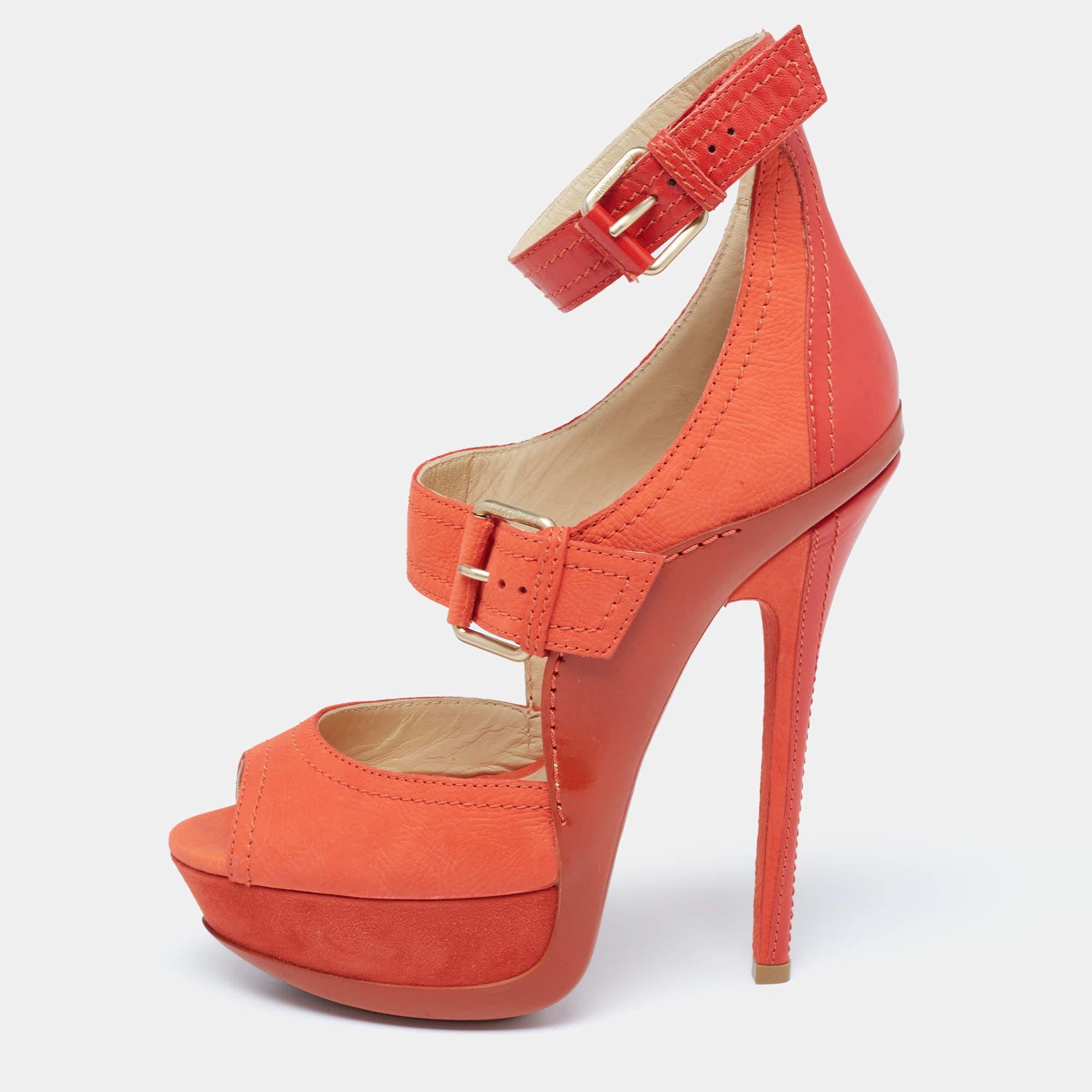 Jimmy Choo Orange Leather And Nubuck Platform Peep Toe Sandals Size 38 4