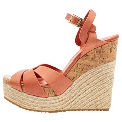 Jimmy Choo Orange Leather Cross Strap Platform Wedge Sandals Size 40.5