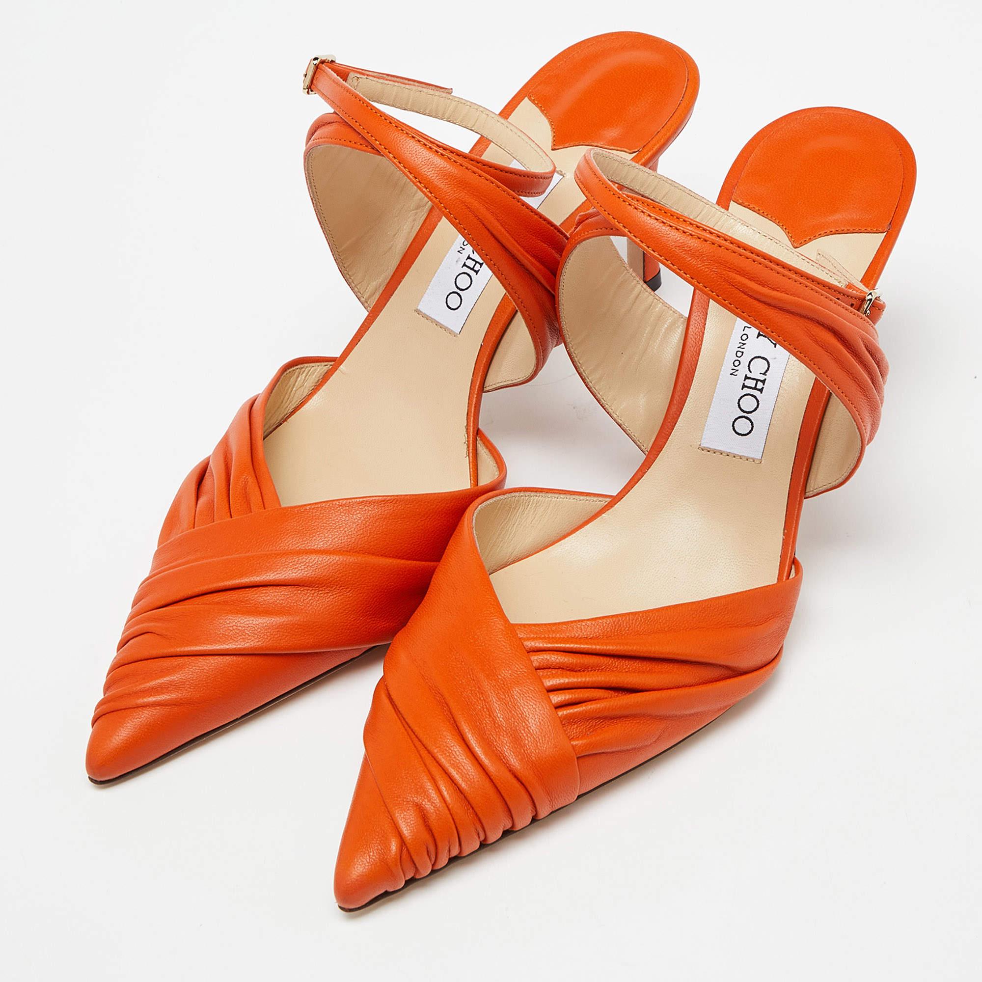 Jimmy Choo Orange Leather Pointed Toe Ankle Strap Pumps Size 39 For Sale 1