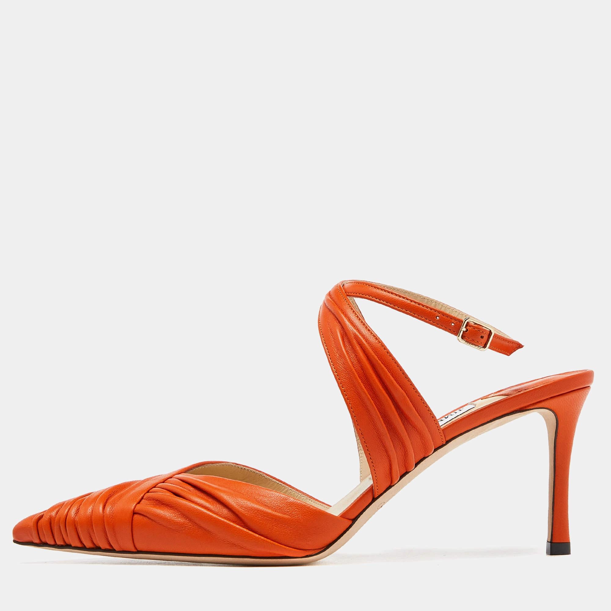 Jimmy Choo Orange Leather Pointed Toe Ankle Strap Pumps Size 39 For Sale