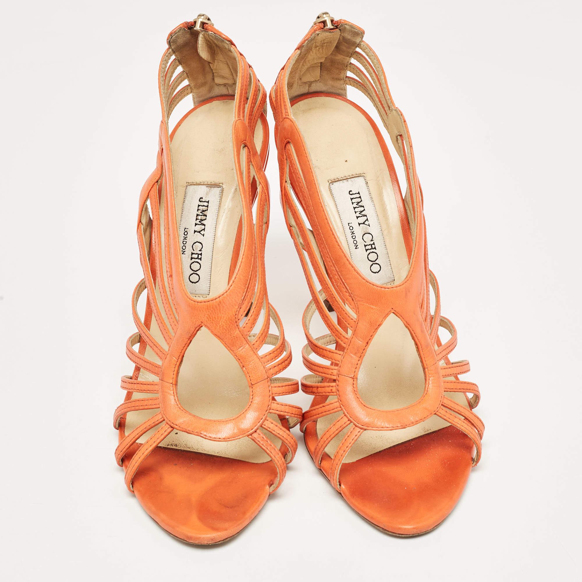 Women's Jimmy Choo Orange Leather Samoa Sandals Size 39.5 For Sale